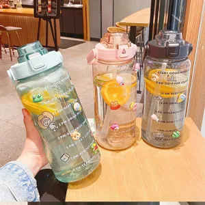 Large Capacity Sports Water Bottle With Straw Time Marker Portable Handle Plastic Cup For Fitness Outdoor