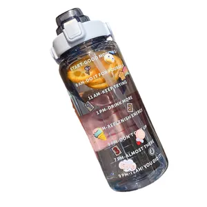 Large capacity sports water bottle with straw and time marker, portable plastic drinkware.
