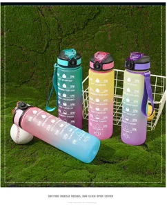 Detail view of gradient sport water bottle with time marker, straw and portable strap design.