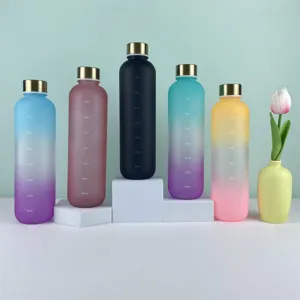 Gradient Frosted Plastic Sports Water Bottle with Gold Lid Time Marker Large Capacity