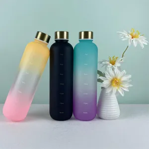 Detailed view of frosted gradient plastic water bottles with time markers and stainless steel lids.