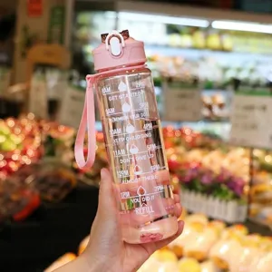 750ml clear plastic water bottle with time markers and pink handle held in a hand