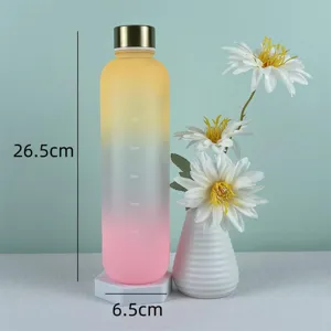 Detailed view of the gradient frosted plastic water bottle with dimensions and time markers.
