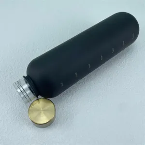 Matte black sports water bottle with time markers, durable outdoor fitness travel drinkware.