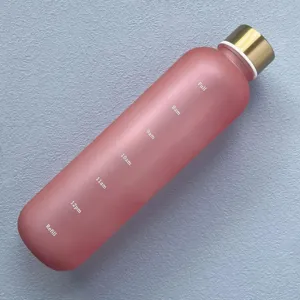 Detail shot of pink frosted water bottle showing hourly time markers and a sleek gold cap.