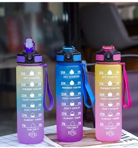 Gradient plastic water bottle with time marker, large capacity sports fitness gym cup.