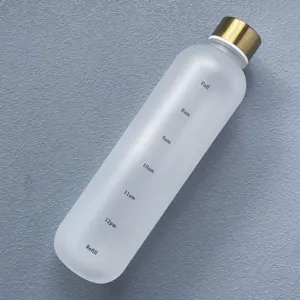 Close-up detail of frosted plastic water bottle with time markers and a shiny gold cap.