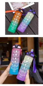 Detailed view of gradient sport water bottles with time markers, straws, and portable straps.
