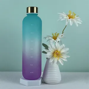 Gradient frosted water bottle with time markers and gold lid, detail view, outdoor sport.