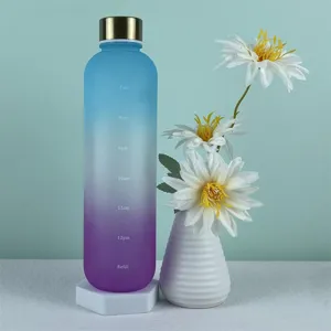 Close up detail of gradient frosted plastic water bottle featuring time markers and sleek gold lid.