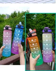 Gradient sports water bottle with time marker, large capacity plastic straw cup for fitness.