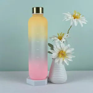 Gradient frosted water bottle with stainless steel lid and time markers for outdoor sports.