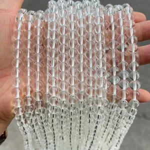 Macro view of transparent synthetic white crystal round beads for DIY jewelry making