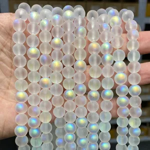 Macro view of frosted AB iridescent crystal glass round beads for DIY jewelry making