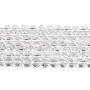 Rows of transparent synthetic white crystal round beads for DIY jewelry making.