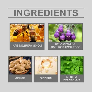Detailed infographic of natural herbal ingredients including ginger, bee venom, and glycerin for body care.