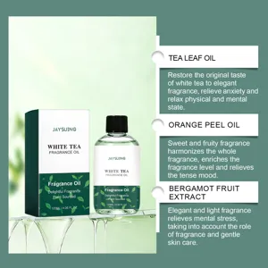 Détail d'huile de parfum de thé blanc montrant des extraits de thé, d'orange et de bergamote.