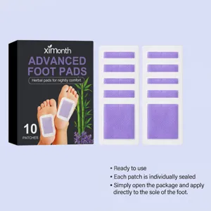 Ximonth advanced herbal foot pads detail showing 10 individual patches and herbal ingredients.