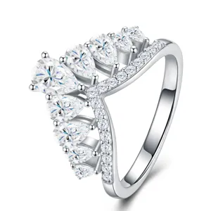 Detailed macro view of V-shaped S925 silver ring with pear-cut sparkling stones