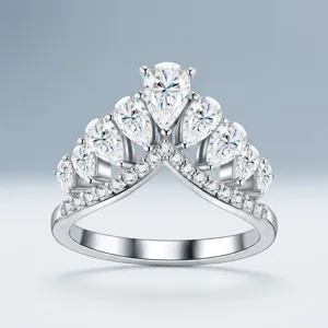 Detailed macro view of an elegant S925 silver V-shaped ring with pear-cut sparkling stones