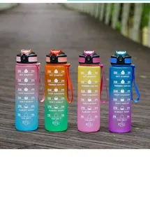 Gradient plastic sports water bottle with time marker, large capacity portable fitness cup.