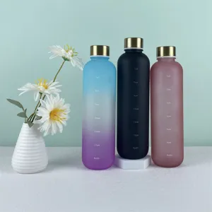 Large capacity frosted sports water bottle with time markers and metallic cap outdoor