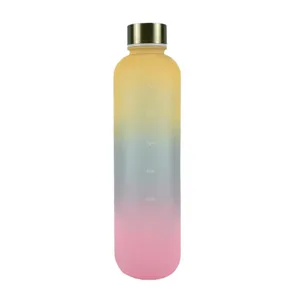 Gradient frosted water bottle with stainless steel lid and time markers for outdoor sports.