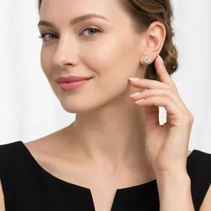 Elegant light luxury Moissanite stud earrings worn by a model against a white background