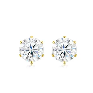 Classic six-prong round brilliant cut moissanite stud earrings in gold finish for women.