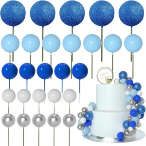 50pcs cake topper balls set glitter blue white silver for birthday wedding dessert decor