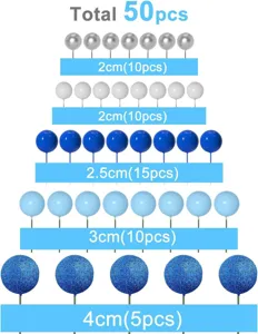 Detail view of 50pcs cake ball toppers in assorted sizes and five colors for DIY baking decor.