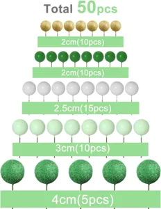 Detailed view of 50pcs cake topper balls in assorted colors and sizes for DIY party decor.
