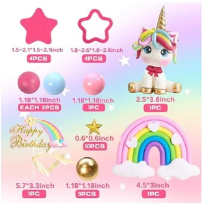 Unicorn cake topper set with rainbow and clouds for birthday party cake decoration ornaments.