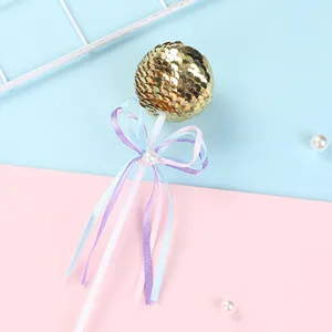 Topper de Pastel Bola Lentejuelas Oro 3cm Linda Decoración de Fiesta Postre con Cintas