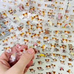 Close-up view of transparent Coco girl waterproof stickers for DIY journals and decoration