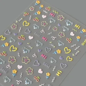 Cute Korean style 3D adhesive nail stickers featuring bear, heart, and flower patterns for art.
