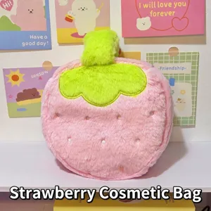 Cute Strawberry Shaped Plush Cosmetic Bag Large Capacity Pink Portable Travel Makeup Organizer Pouch Handheld Storage Bag For Women
