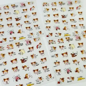 Detailed view of multiple sheets of cute Coco-chan girl waterproof transparent stickers.