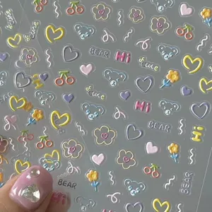 Korean Cute Cartoon Bear Heart Floral Embossed Adhesive Nail Art Stickers Student DIY Manicure Decals