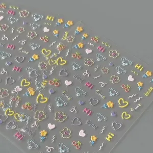 Cute Korean style 3D adhesive nail stickers, bear and flower cute designs for DIY decoration.