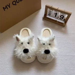 Cute Puppy Couple Linen Slippers Breathable Non Slip House Shoes For Indoor Home Casual Daily Comfortable Footwear