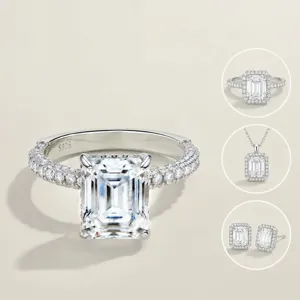 Κομψό σετ κοσμημάτων S925 με δαχτυλίδι moissanite σε σχήμα σμαραγδιού και κολιέ