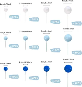 Detailed view of 32pcs DIY cake balls in assorted sizes and blue white colors for decor.
