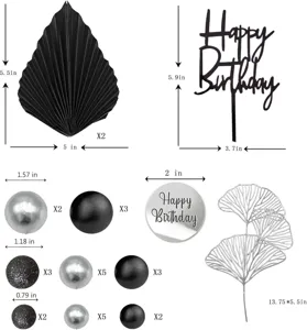 Bohemian cake decoration set with happy birthday topper, black fan and balls for party.