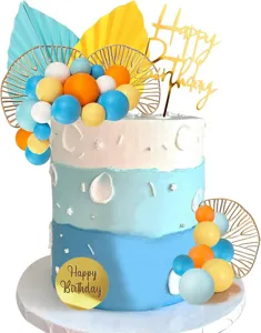 Bohemian birthday cake topper set with happy birthday sign, colorful balloons and fan flowers.