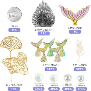 Mermaid cake topper set with ginkgo leaves, pearls, fan and happy birthday decorations.