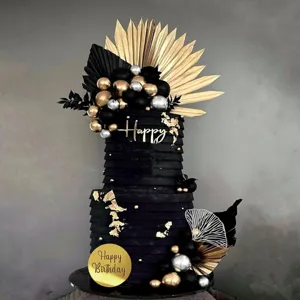 Bohemian black cake topper set with gold palm leaves and happy birthday sign for party decor