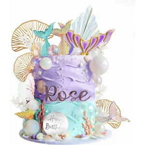 Mermaid Theme Party Cake Decoration Set With Mermaid Tail Transparent Pearl Ball Ginkgo Leaf Happy Birthday Cake Topper