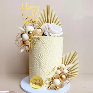 Bohemian cake topper set with happy birthday sign gold fan and balls for party decor