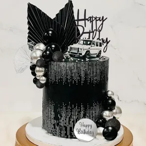 Black white birthday cake topper set with acrylic signs, balls and car decoration for party.